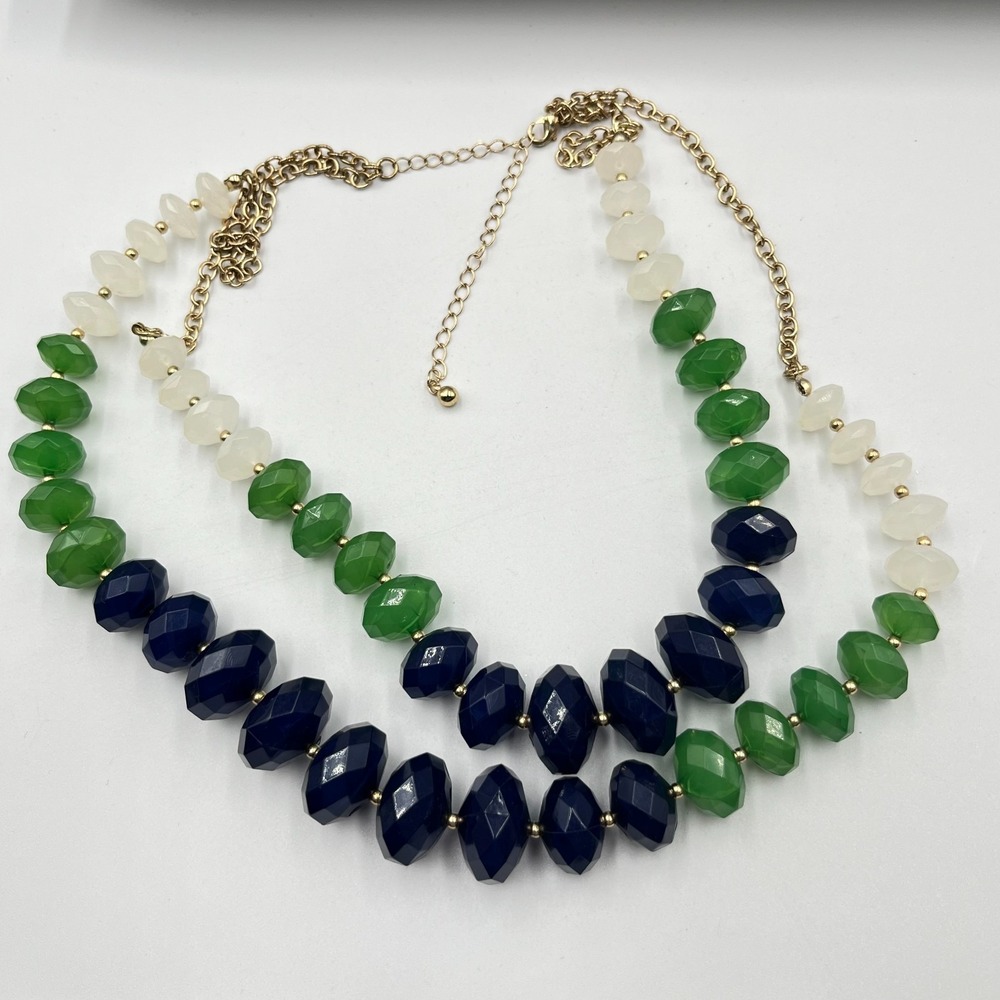 Vintage Retro Multi-Strand Beaded Statement Necklace Green Navy White Gold Tone - Picture 3 of 13